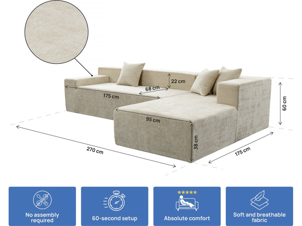 Tessaro" textured fabric corner sofa - 4 seater - Beige