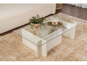 Flavio" glass coffee table 105 x 65 x 30 cm - White wood 2