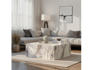 Prizma" wooden coffee table - 90 x 90 x 35 cm - Freesia marble 2