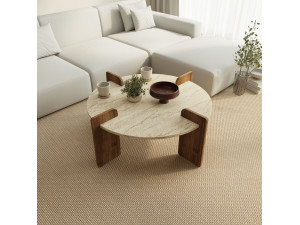 Avoure" wooden coffee table - 90 x 90 x 35 cm - Travertine 2