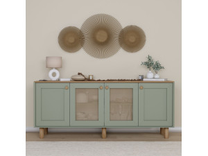 Bohemian" wood and cane sideboard - 180 x 40 x 75 cm - Green 2