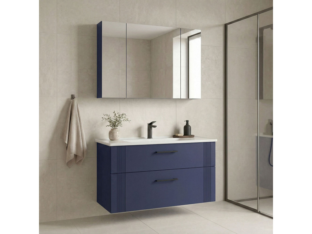 "Bari 100 v2" Vanity Set with Mirror (2-Piece) - 100 x 45 x 55 cm - Matte Navy Blue