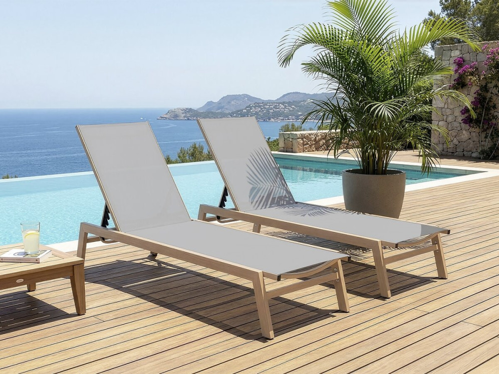 Set of 2 "Elysia" wood-look aluminum sunbeds - Light grey