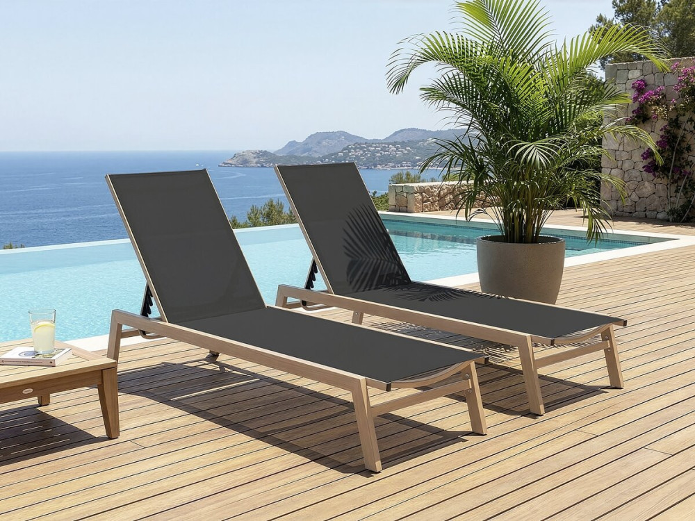 Set of 2 "Elysia" wood-look aluminum sunbeds - Black