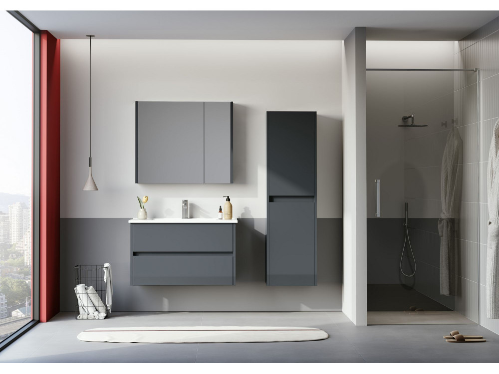 "Arno 80" Bathroom Cabinet with Mirror - 79 x 16 x 66 cm - Gray / Anthracite