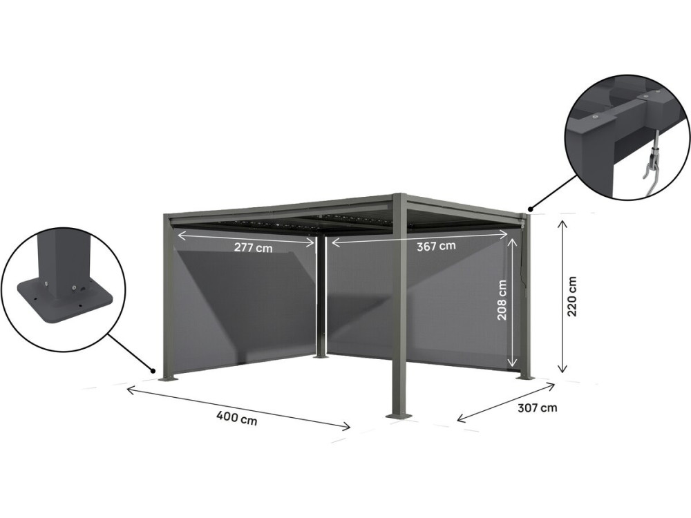 Howard" bioclimatic pergola with 2 galvanized steel awnings - 3 x 4 m - Grey