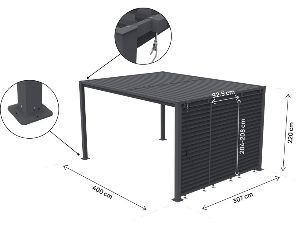 Howard" bioclimatic pergola with 3 galvanized steel louvers - 3 x 4 m - Grey