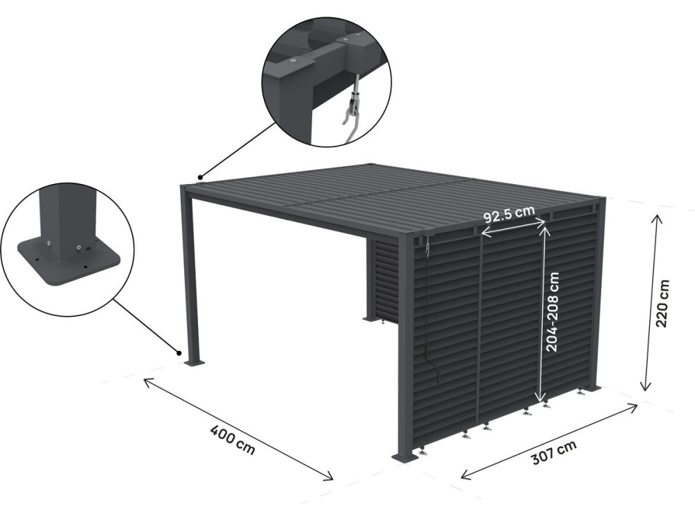 Howard" bioclimatic pergola with 7 galvanized steel louvers - 3 x 4 m - Grey