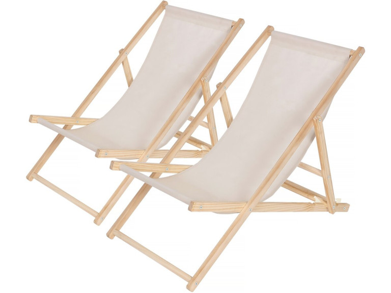 Set of 2 "Chilienne" wooden deckchairs - 107 x 56.5 x 81 cm - Ecru