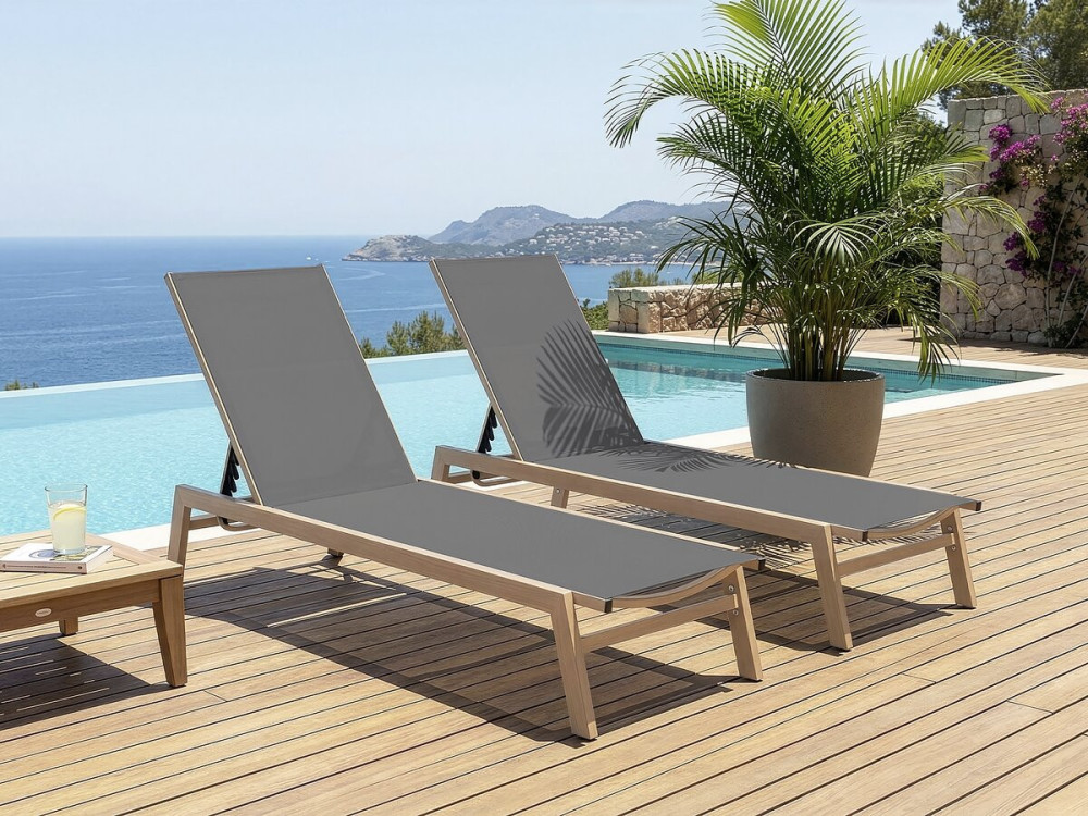 Set of 2 "Elysia" wood-look aluminum sunbeds - Grey