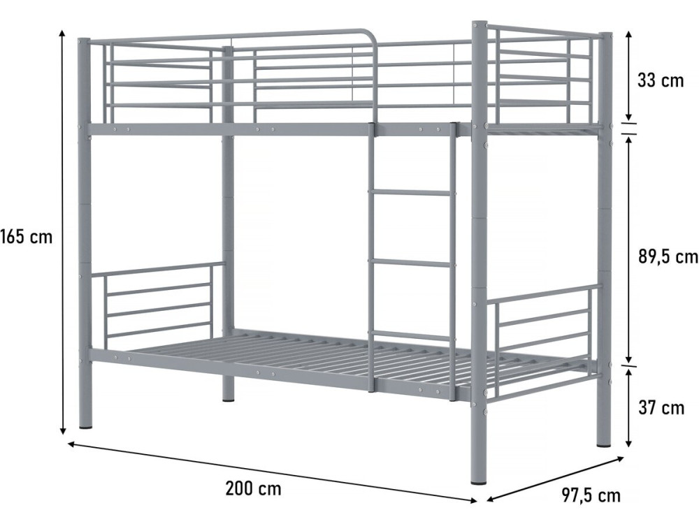 Bunk bed "ADAM" - 90 x 190 cm - Metal - Grey