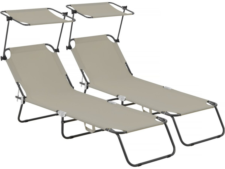 Set of 2 "Lazy" folding sunbeds - With sunshade - Taupe