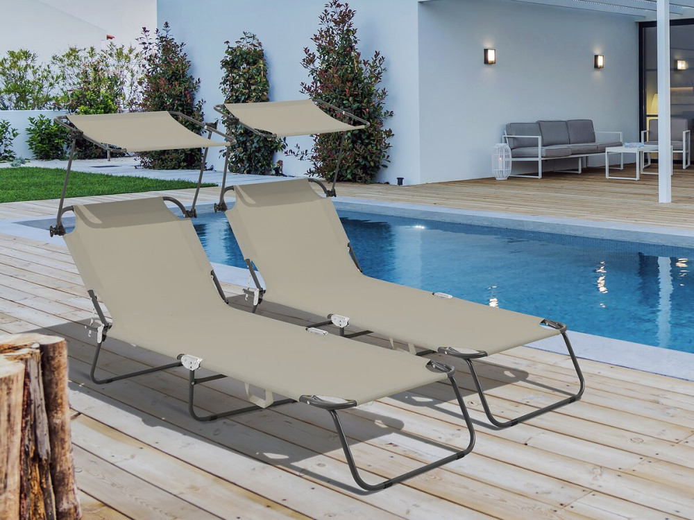 Set of 2 "Lazy" folding sunbeds - With sunshade - Taupe