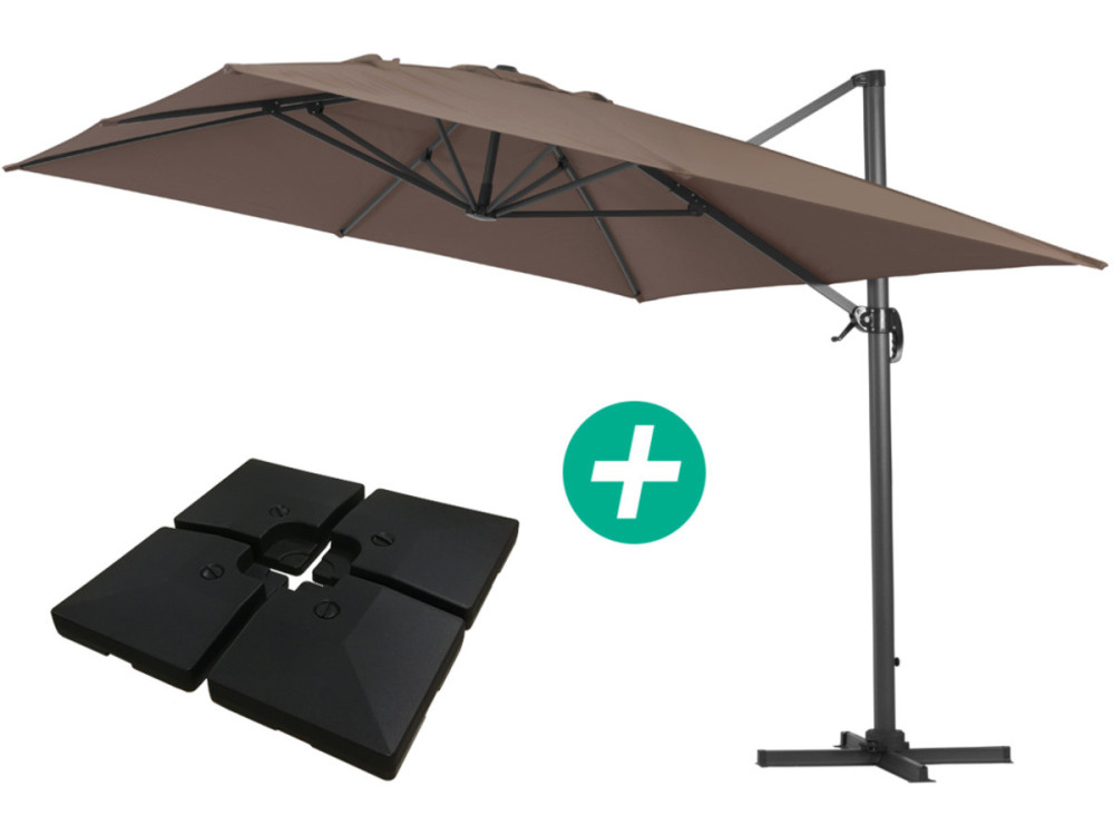 Cantilever Garden Umbrella in Aluminium "Sun 4" - Rectangular - 3m x 4m (9ft 10in. x 13ft. 1in.) - Taupe - Base Weights Included