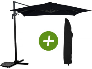 Hanging garden parasol with portable base "Soleil" - Square shape -  2.5 x 2.5 m - Black + Protection cover