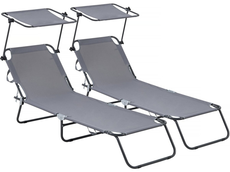 Set of 2 "Lazy" folding sunbeds - With sunshade - Grey