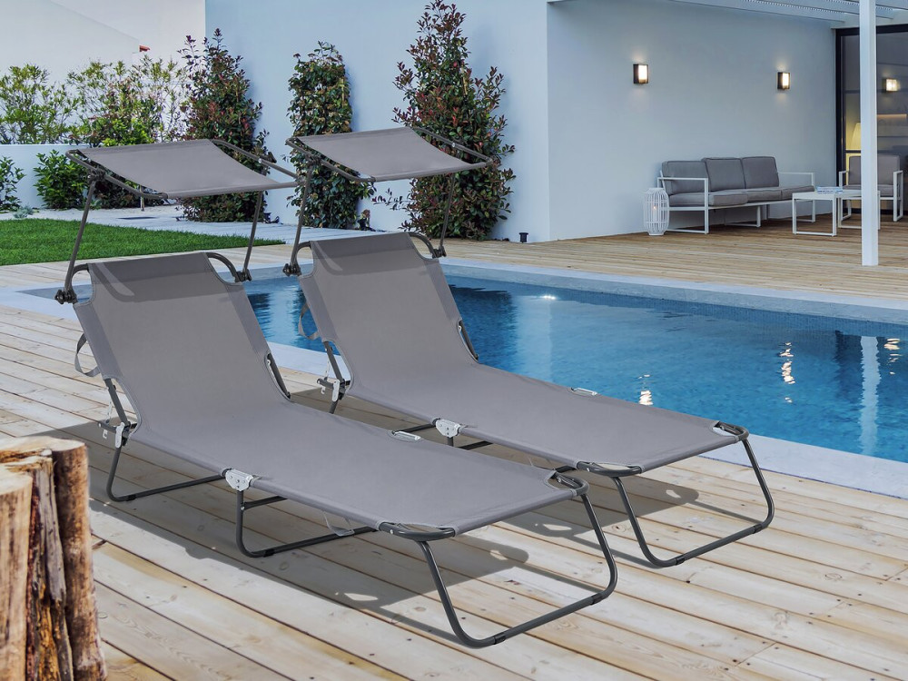 Set of 2 "Lazy" folding sunbeds - With sunshade - Grey