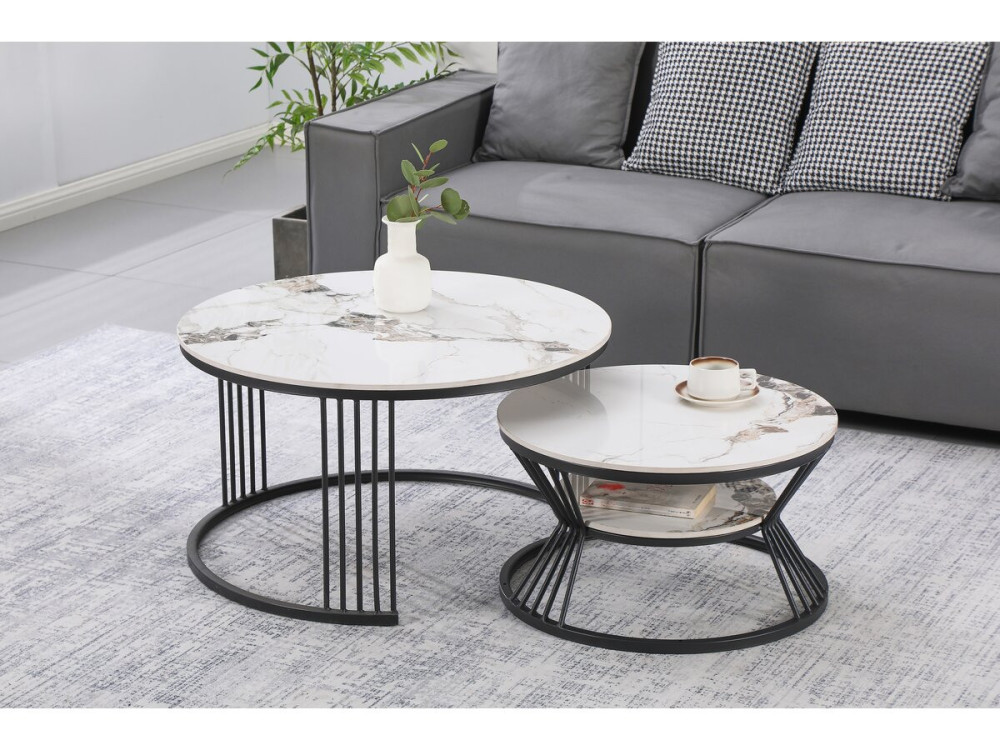Set of 2 "Ombre" ceramic nesting coffee tables - 80 x 80 x 45 cm - White