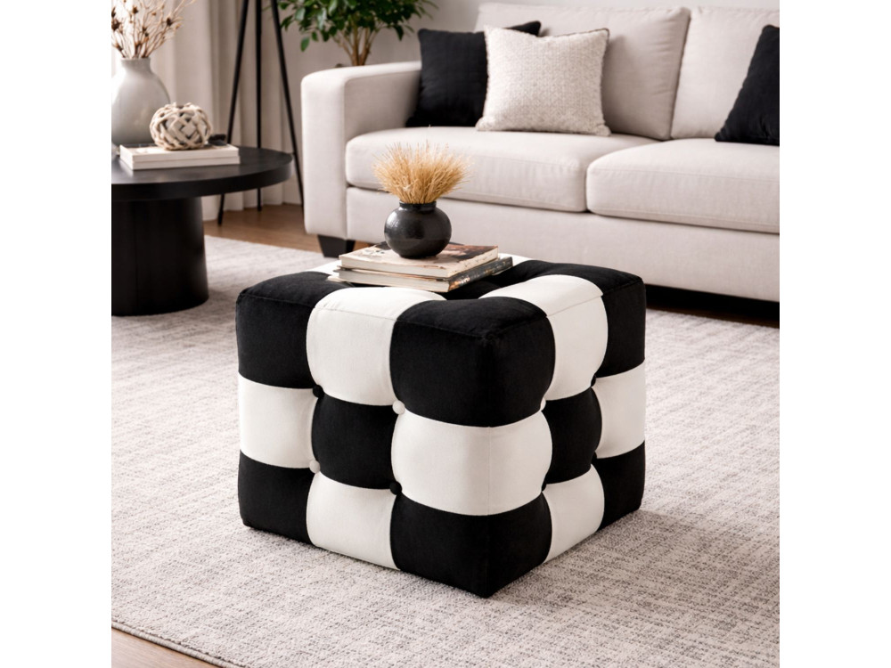 Patchwork" velvet pouffe - 42 x 42 x 42 cm - Black / White