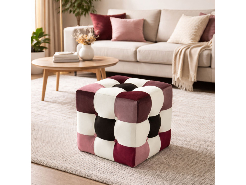 Patchwork" velvet pouffe - 42 x 42 x 42 cm - Multicolored