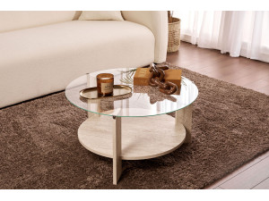 Clara" wooden coffee table - 75 x 75 x 40 cm - TravertineTransparent 2