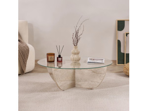 Glass coffee table "Liya" 90 x 90 x 30 cm - Travertine 2