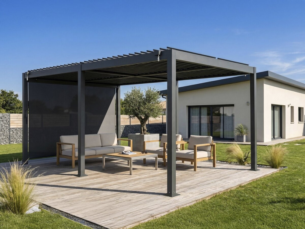 Pergola bioclimatique avec store en aluminium "Kensington" - 3 x 5 m - Grey