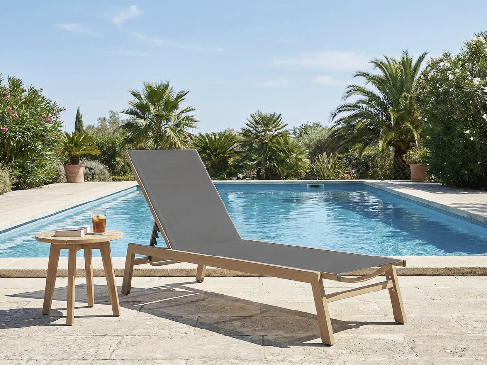 Elysia" wood-look aluminium sunlounger - Grey