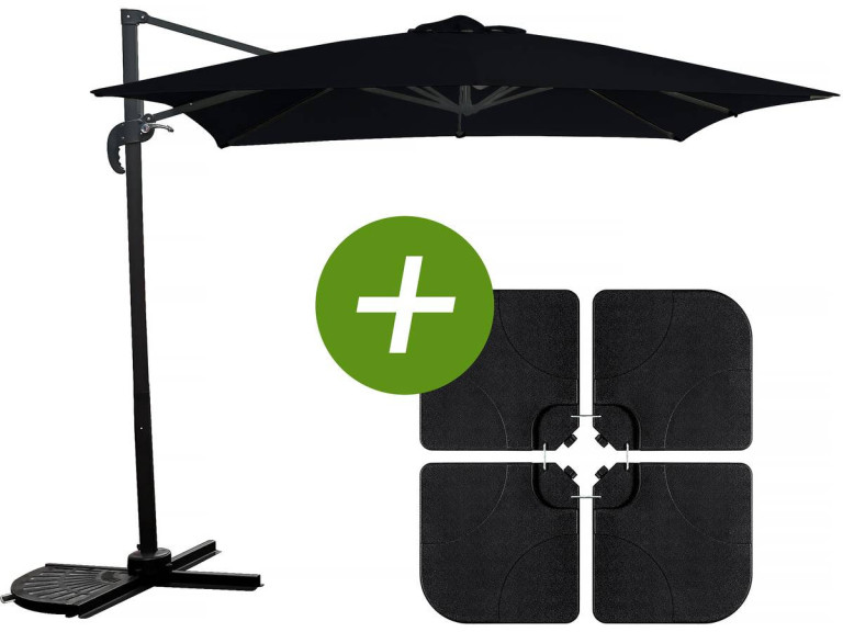 Hanging garden parasol with portable base "Soleil" - Square shape -  2.5 x 2.5 m - Black + Base stand