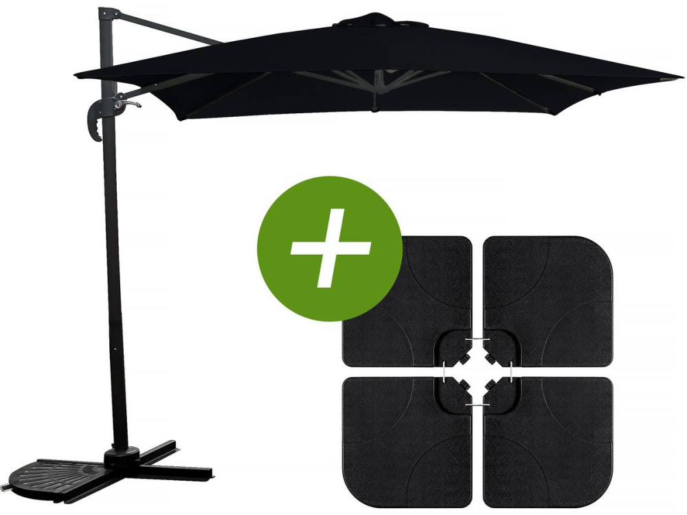 Hanging garden parasol with portable base "Soleil" - Square shape -  2.5 x 2.5 m - Black + Base stand