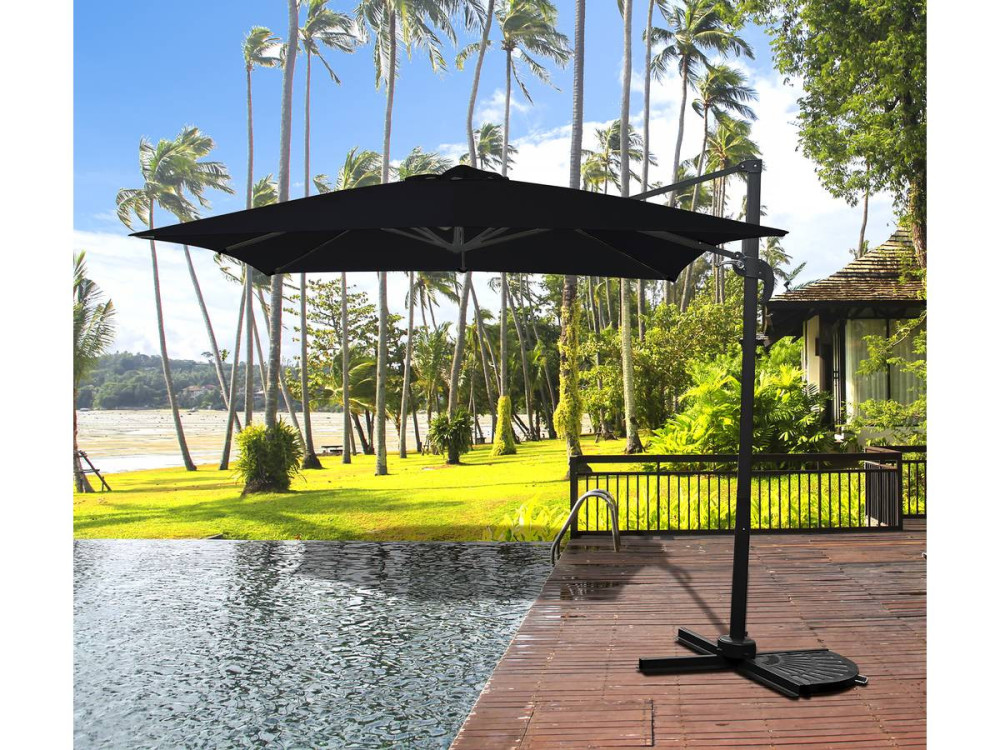 Hanging garden parasol with portable base "Soleil" - Square shape -  2.5 x 2.5 m - Black + Base stand