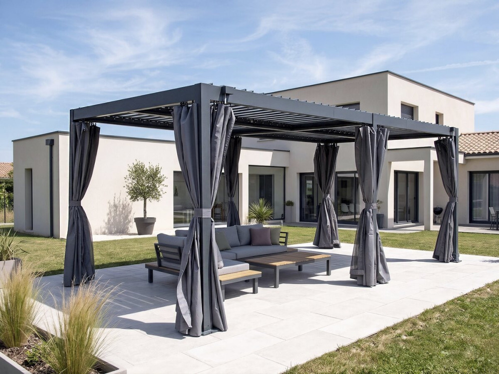 Pergola bioclimatique en aluminium avec rideau et moustiquaire "Kensington" - 3 x 5 m - Gris