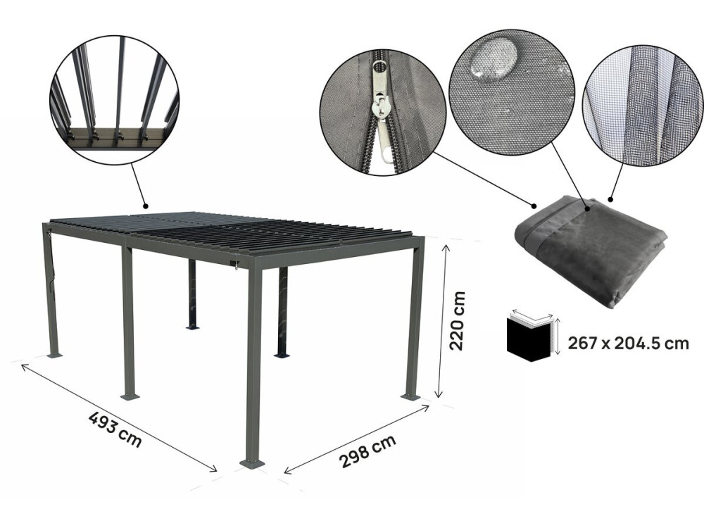 Pergola bioclimatique en aluminium avec rideau et moustiquaire "Kensington" - 3 x 5 m - Gris