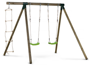 Timo wooden swing set - With 2 swings and 1 rope ladder.