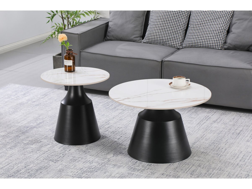 Set of 2 "Vulca" ceramic nesting coffee tables - 70 x 70 x 43 cm - White
