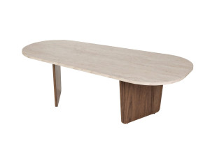 Ovalis" wooden coffee table - 130 x 65 x 40 cm - Travertine / Walnut