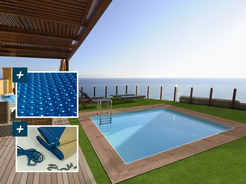 Rectangular wooden pool "Caimans 120" - 4.10 x 3.00 x 1.24 m + 180 µ bubble cover - 280 g/m² winter cover