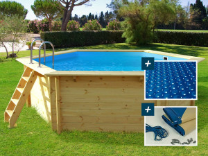 Hawai" wooden pool - 4.10 x 1.20 m + 180 bubble cover + 280 gr/m² winter cover