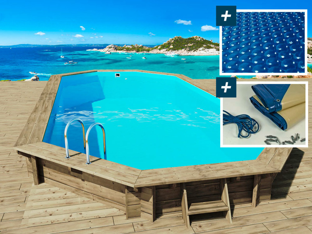 Palma 130" wooden pool - 7.57 x 4.07 x 1.31 m + 180 µ bubble cover + 280 gr/m² winter cover
