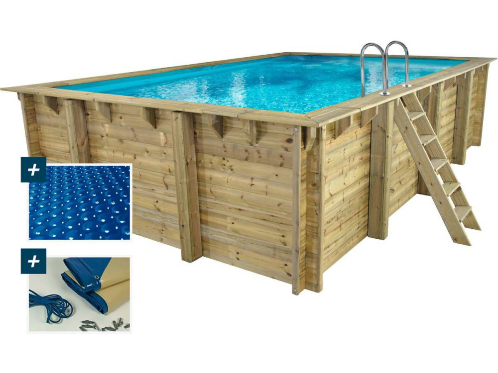 Panama" rectangular wooden pool - 6.20 x 4.10 x 1.45 m + 180 µ bubble cover - 280 g/m² winter cover +