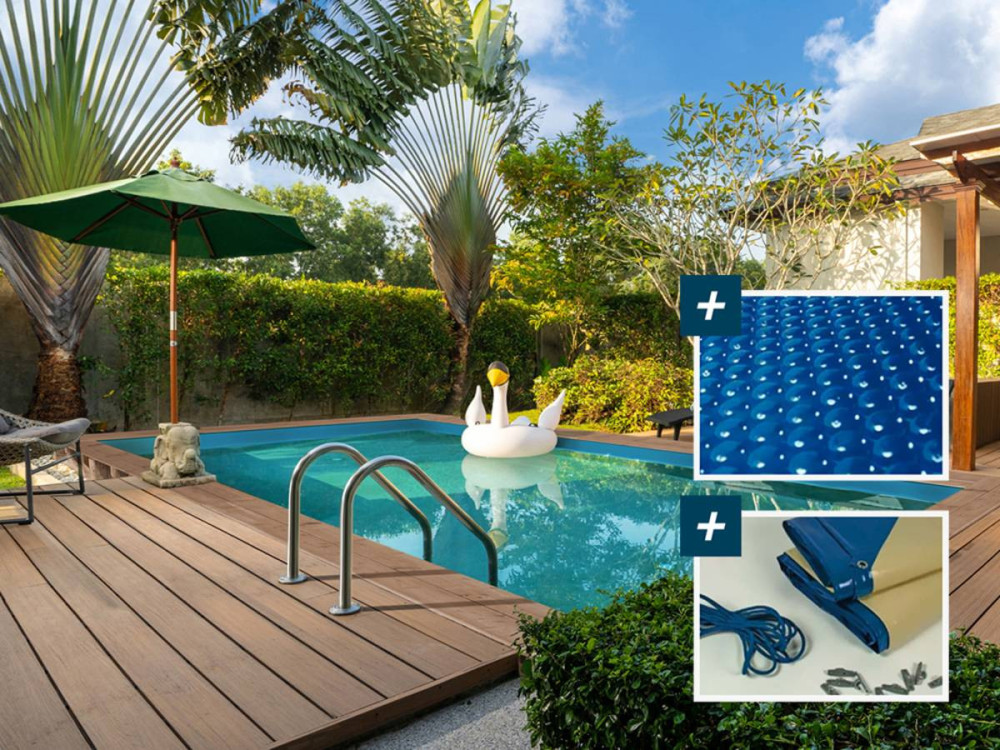 Panama" rectangular wooden pool - 6.20 x 4.10 x 1.45 m + 180 µ bubble cover - 280 g/m² winter cover +