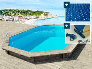 Brazilia 130" wooden pool 5.86 x 3.86 x 1.31 m - 180 µ bubble cover - 280 g/m² winter cover