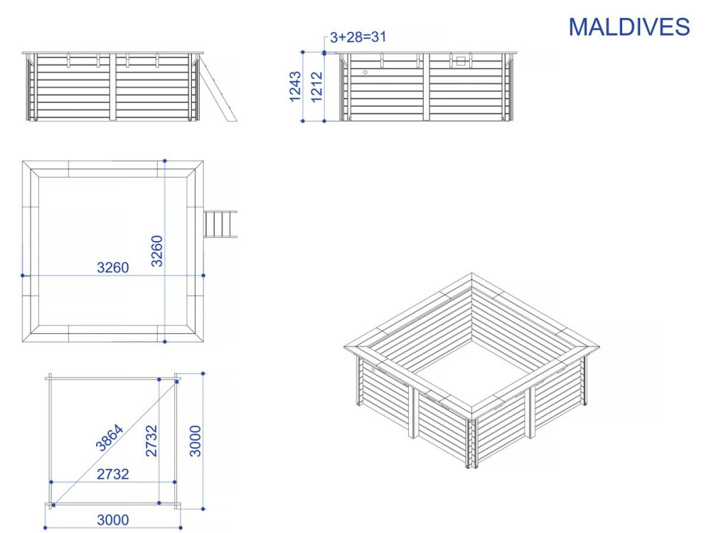 Rectangular wooden pool "Maldives" - 3.20 x 3.20 x 1.24 m