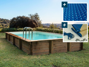 Oceano" rectangular wooden swimming pool kit - 9.20 x 5.20 x 1.44 m - 400 µ bubble cover - 280 g/m² winter cover
