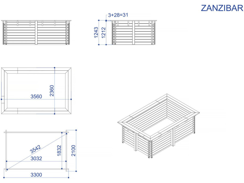 Zanzibar" rectangular wooden pool - 3.50 x 2.30 x 1.24 m