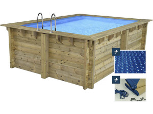 Zanzibar" rectangular wooden pool - 3.50 x 2.30 x 1.24 m - 180 µ bubble cover - 280 g/m² winter cover