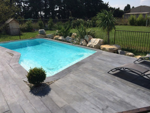 Set of 40 straight coping stones 60 x 33 cm + 4 corner coping stones 45 x 45 cm - Wooden look - Grey tone