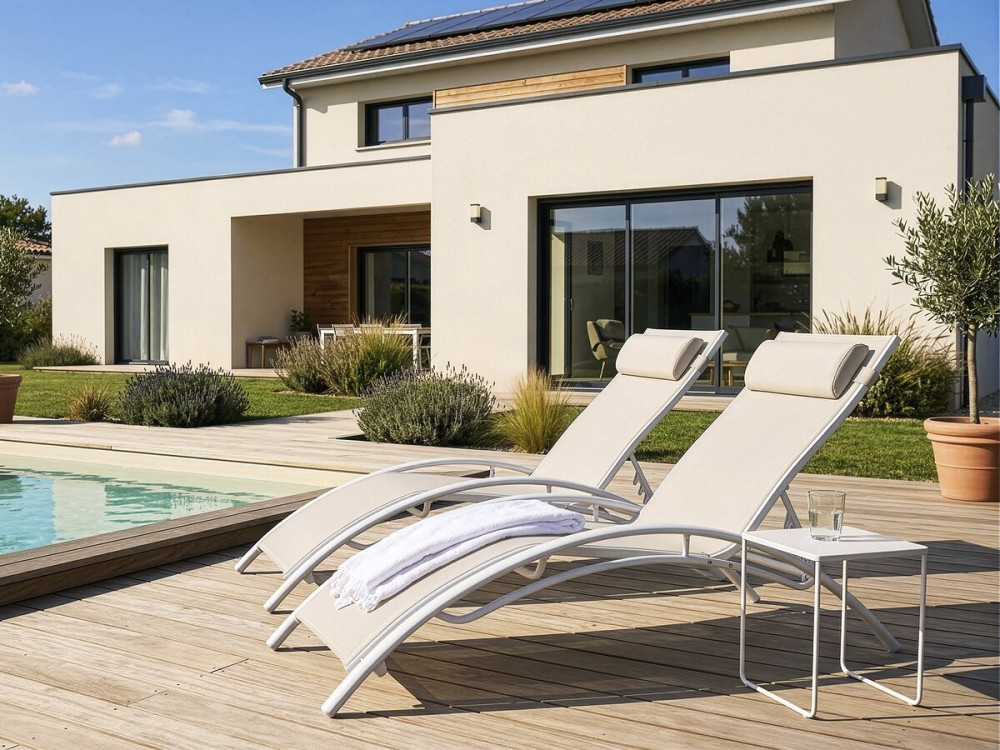 Set of 2 Aluminium Sun Bathing Chairs / Sun Lounge - Beauty - "Phoenix" - Off White