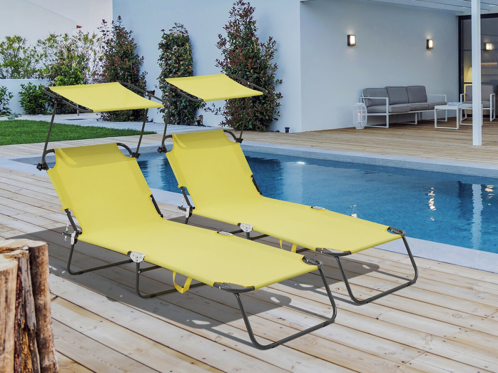Lt of 2 "Lazy" folding sunbeds - With sunshade - Yellow