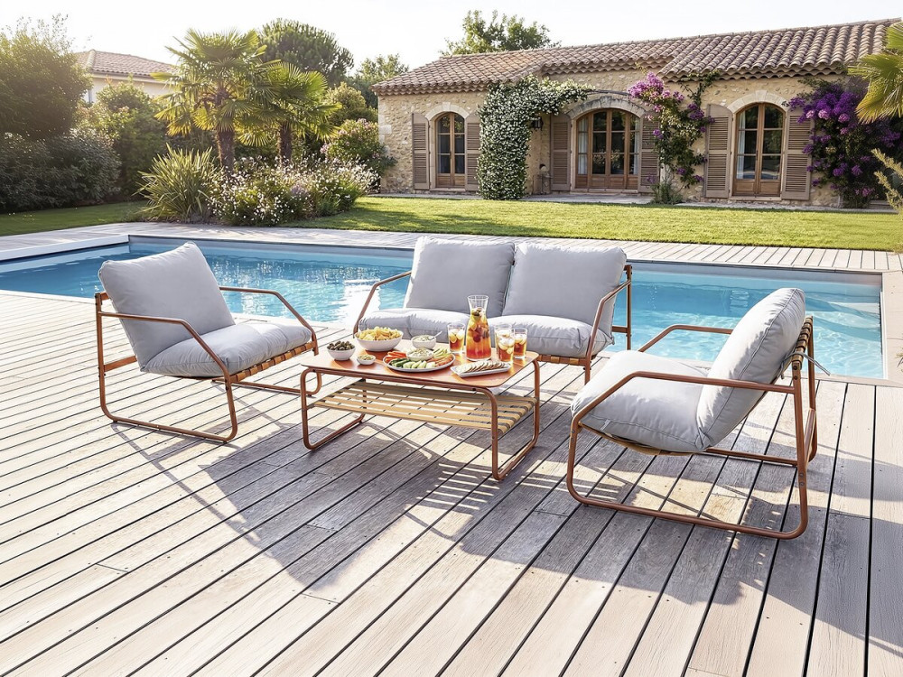 Sora" metal garden furniture with cushions - 4 seats - Terracotta